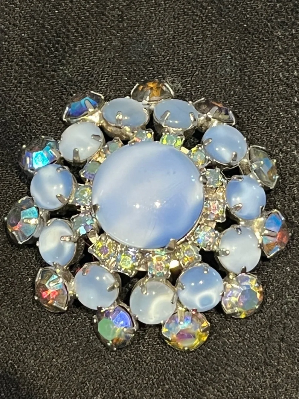 Vintage Blue Moonglow Glass AB Rhinestone Brooch Silver Tone MCM